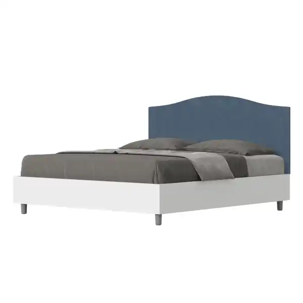 Letto matrimoniale e rete 160x190 in legno bianco e testata in microfibra blu Grace