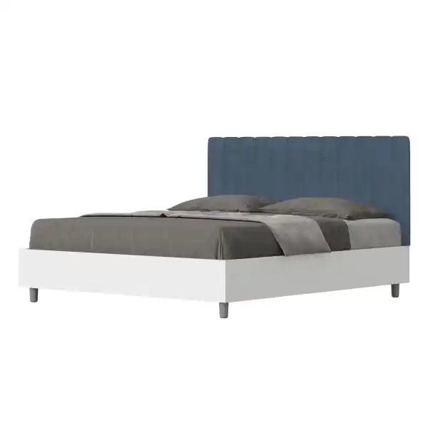 Letto matrimoniale e rete 160x190 in legno bianco e testata in microfibra blu Kaia