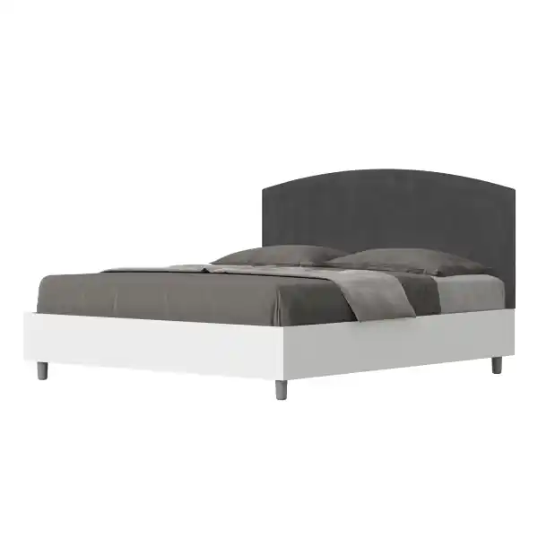 Letto matrimoniale e rete 160x190 in legno bianco e testata in microfibra grigio Antilia