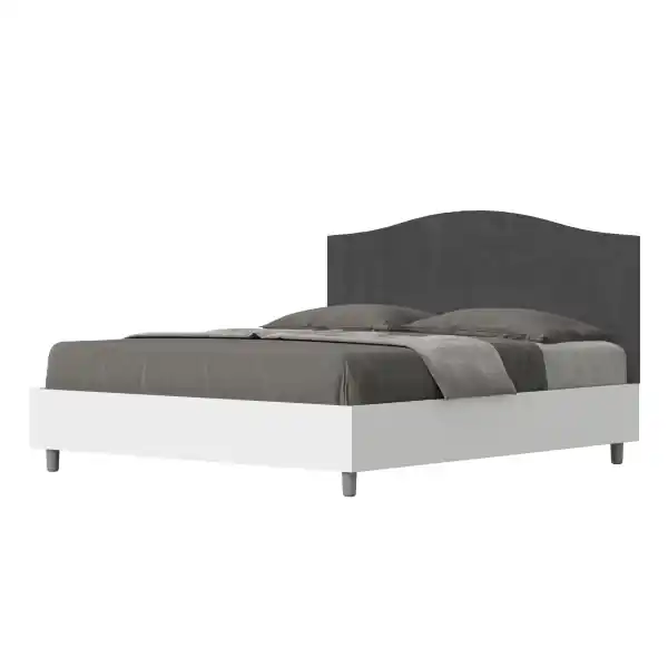 Letto matrimoniale e rete 160x190 in legno bianco e testata in microfibra grigio Grace