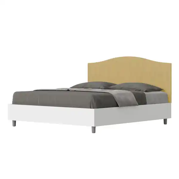 Letto matrimoniale e rete 160x190 in legno bianco e testata in microfibra ocra Grace