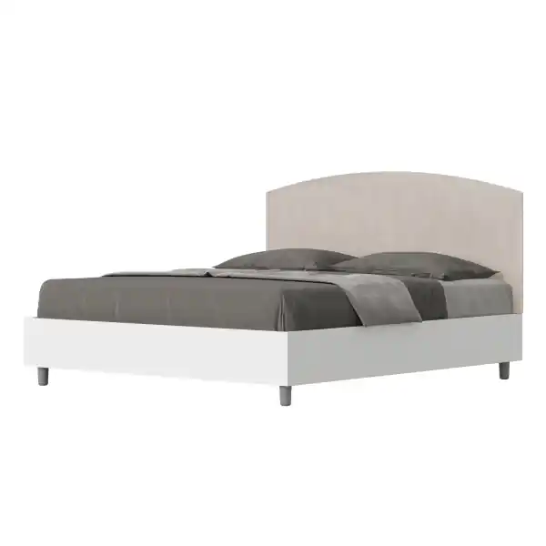 Letto matrimoniale e rete 160x190 in legno bianco e testata in microfibra sabbia Antilia
