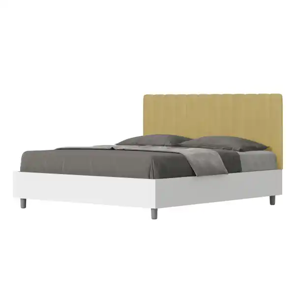 Letto matrimoniale e rete 160x200 in legno bianco e testata in microfibra ocra Kaia