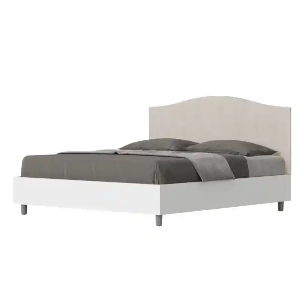 Letto matrimoniale e rete 160x200 in legno bianco e testata in microfibra sabbia Grace
