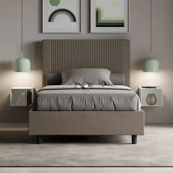 Letto matrimoniale francese con rete imbottito 140x190 similpelle cappuccino Goya