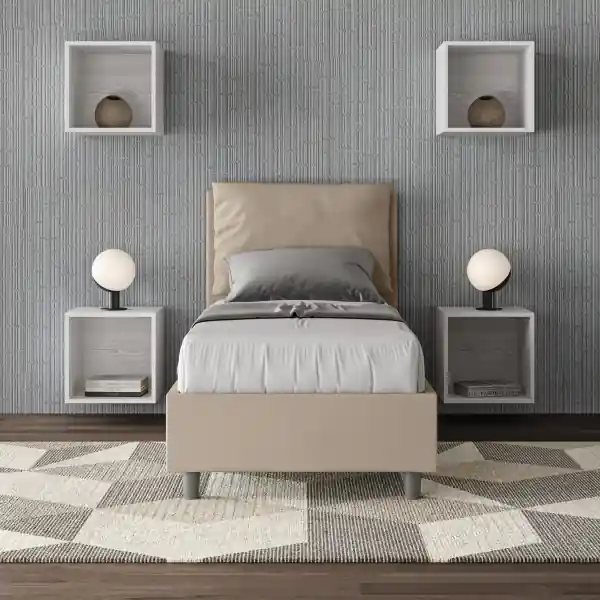 Letto singolo contenitore imbottito 80x190 similpelle tortora Antea