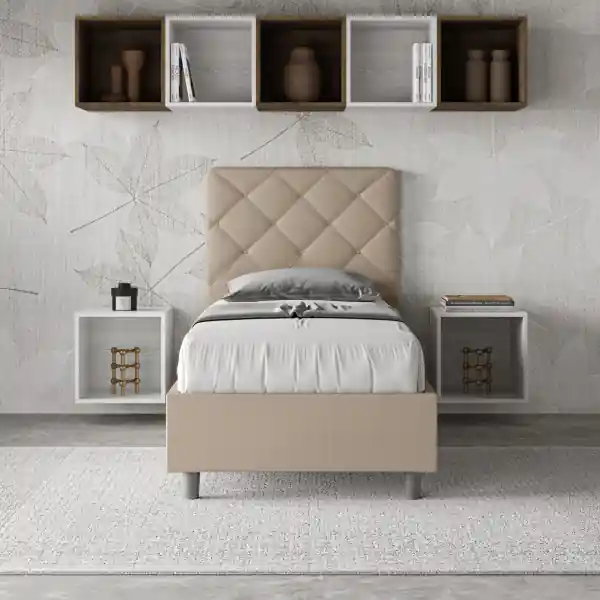 Letto singolo contenitore imbottito 80x190 similpelle tortora Priya