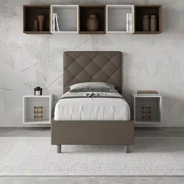 Letto singolo contenitore imbottito 80x210 similpelle cappuccino Priya