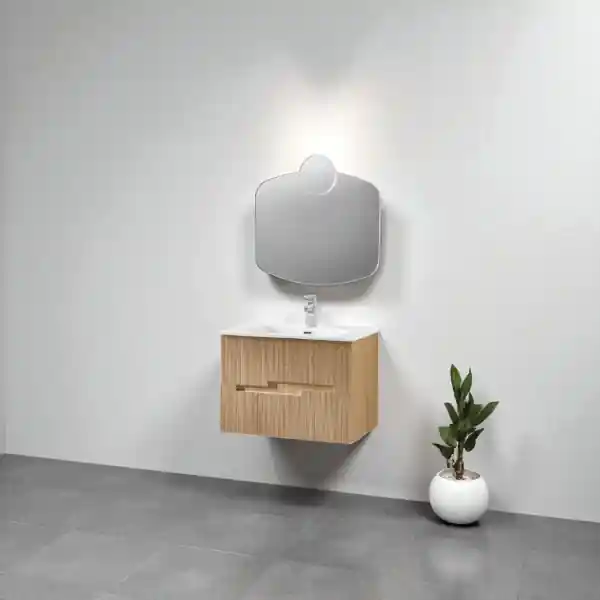 Mobile bagno sospeso 70 CM Rovere Chiaro con specchio LED e lavabo - RIGHE