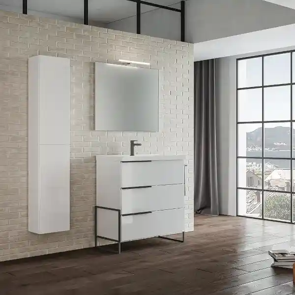 Mobile bagno sospeso 82 cm Bianco Lucido con lavabo e specchio LED - FEBE1