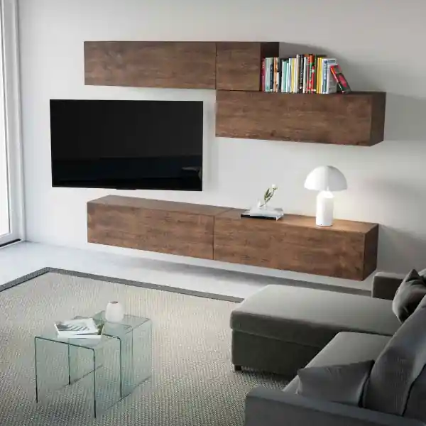 Parete soggiorno sospesa Isoka A03 L.268 P.39,5 Noce