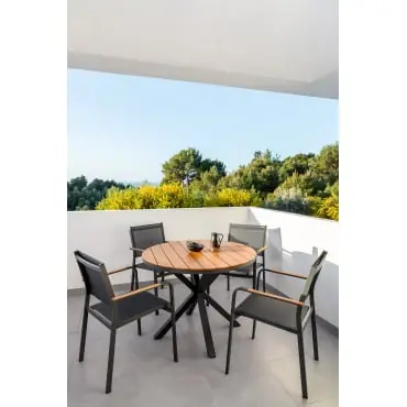 Set da tavolo rotondo Ø100 cm in legno di eucalipto e 4 sedie da giardino impilabili in alluminio Archer