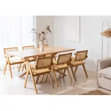 Set da pranzo rettangolare 180x90 cm Arnaiz e 6 sedie con braccioli in legno di frassino e rattan Lali