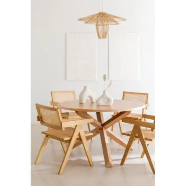 Set da tavolo da pranzo rotondo Ø120 cm Mieren e 4 sedie con braccioli in legno di frassino e rattan Lali