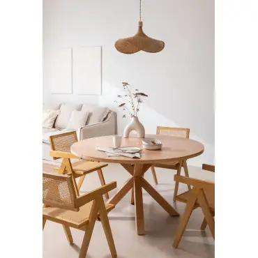 Set da tavolo da pranzo rotondo Ø140 cm in MDF Pleven e 4 sedie con braccioli in legno di frassino e rattan Lali