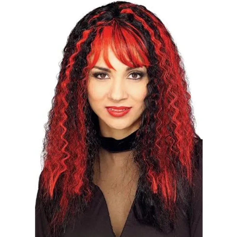 Parrucca Strega Vampira Capelli Frisee Rosso Nero Costume Carnevale Halloween
