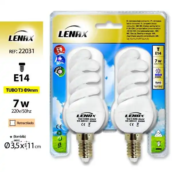Lenax 2 pezzi Lampadine Risparmio Spirale 7W E14 luce fredda