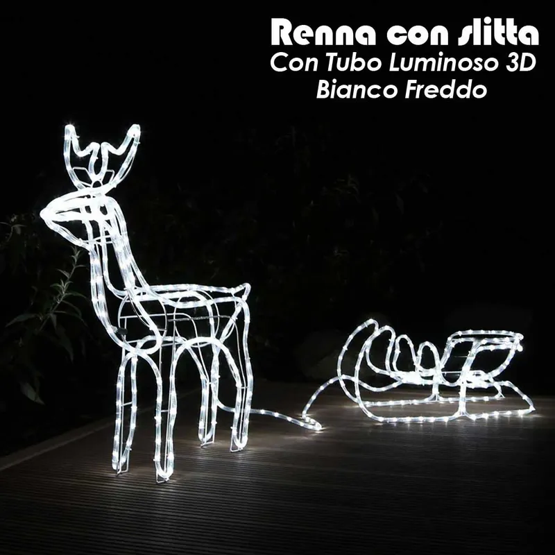 Renna Luminosa con Slitta Esterno Tubo Giardino Natale Luce Decorazione Bianco