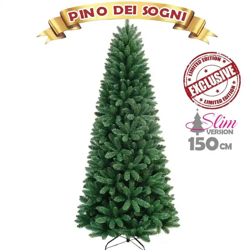 Albero di Natale SLIM Pino dei Sogni Verde Altezza 150 cm Base a Croce 425 Rami