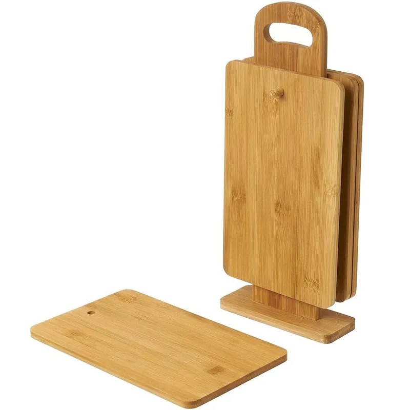 Set 4 taglieri Vassoi in Legno Bambu 23x14cm con Supporto da Tavola per Cucina