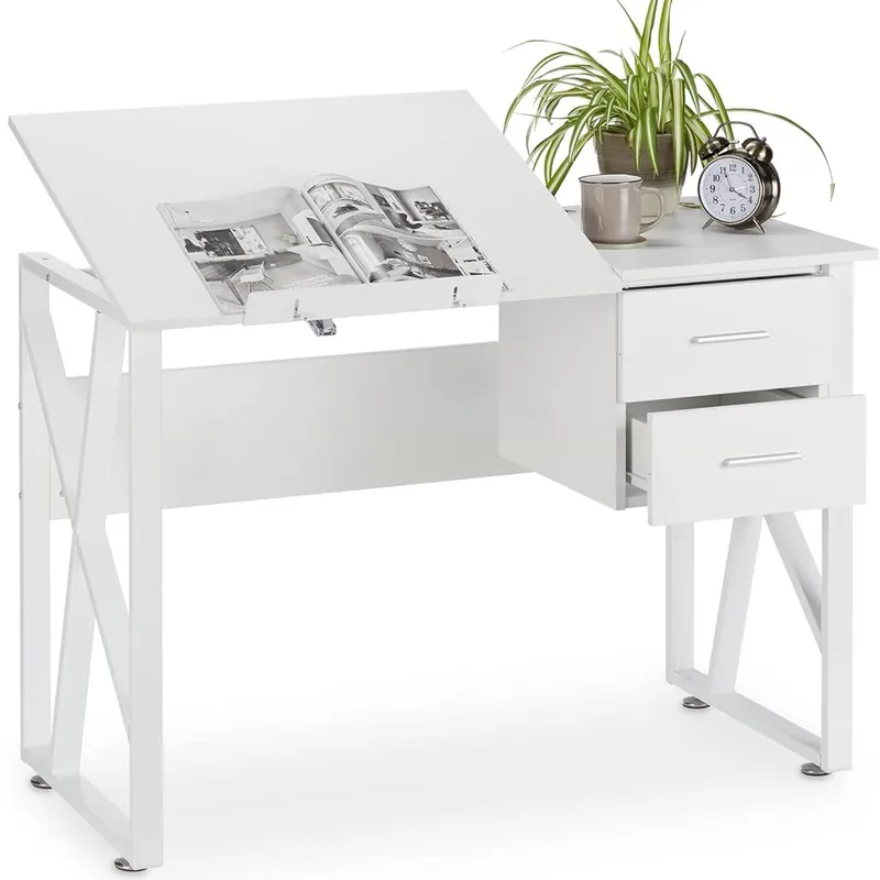 Scrivania Piano Reclinabile Cassettiera 2 Cassetti Tavolo Porta PC Computer Bian