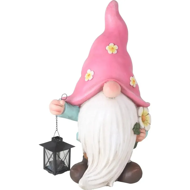 Decoro giardino Nano con cappello rosa e lanterna