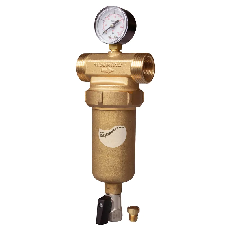 FILTRO AUTOPULENTE AQUAFILTRA IN OTTONE 3/4‘‘-1‘‘ CON CARTUCCIA IN ACCIAIO INOX E MANOMETRO