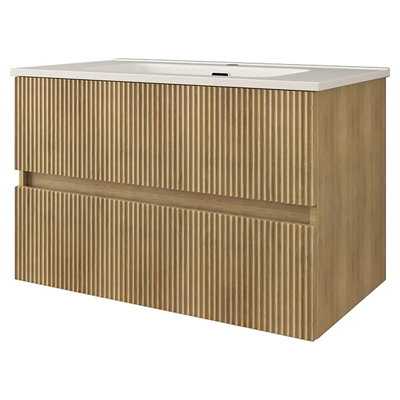 BASE PLAVABO STYLE 2 CASSETTI CANNETTATO ROVERE MDF RIVESTITO PVC LAVABO CERAMICA 81x52x47cm