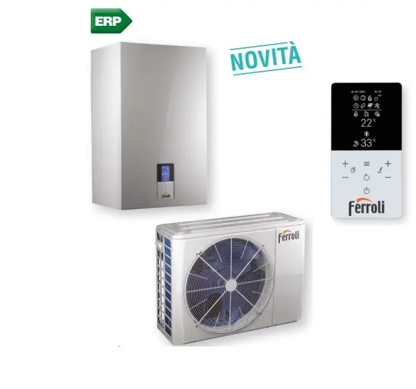 Pompa Di Calore Ibrida Aria\\/Acqua Ferroli Omnia S Hybrid C 10 kW per installazione splittata con produzione sanitaria istantanea comando incluso a bordo macchina
