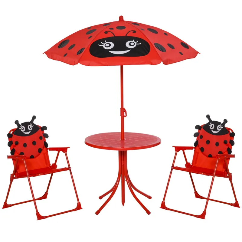 Easycomfort Set Tavolo da Giardino con 2 Sedie Pieghevoli, Tavolino con Sedie da Esterno con Ombrellone per Bambini in Metallo e Poliestere, Rosso