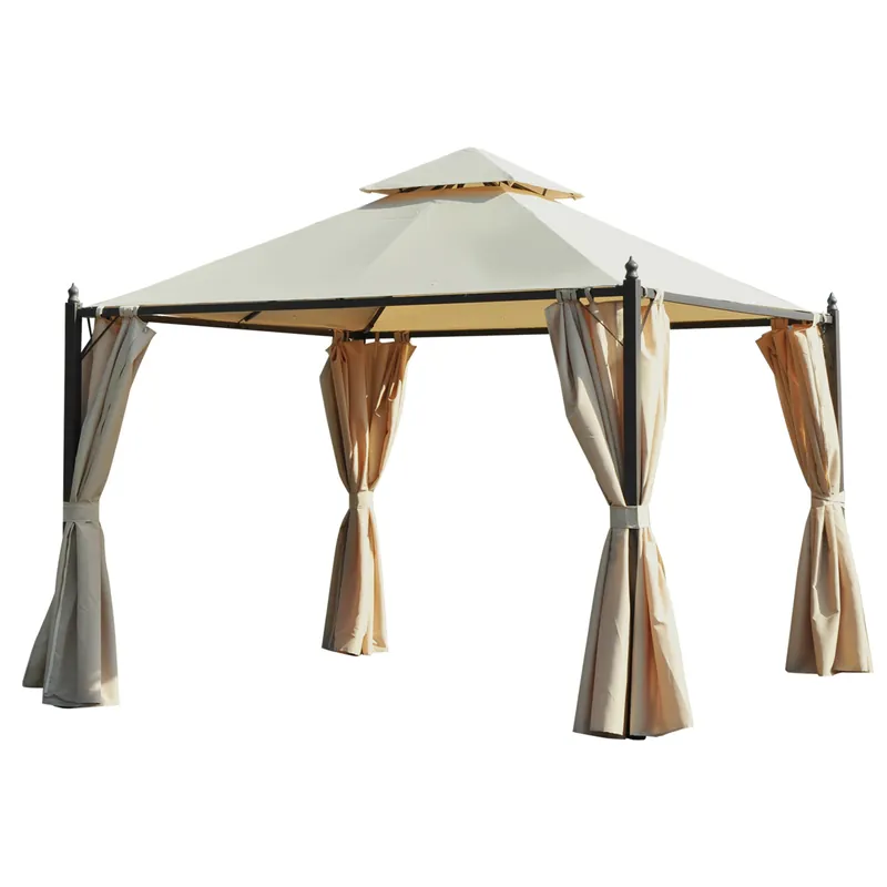 Easycomfort Gazebo da Giardino 3 x 3m con 4 Tende Laterali e Doppio Tetto Beige