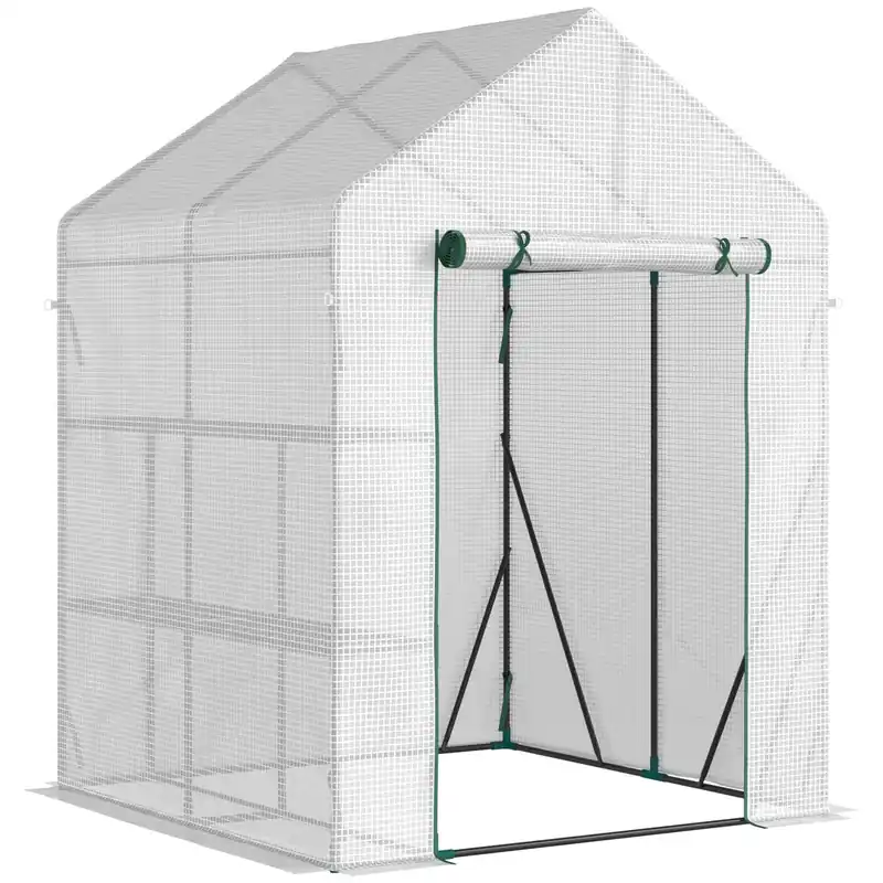 Easycomfort Serra da Giardino per Esterni in Acciaio e PE con 2 Scaffali e Porta Avvolgibile, 143x143x195 cm, Bianco
