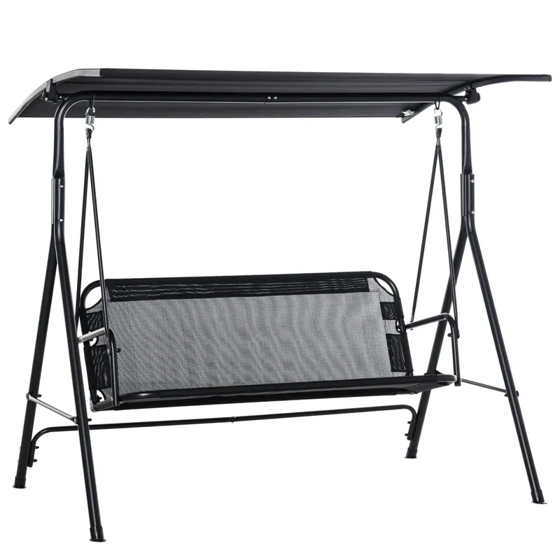 EASYCOMFORT Dondolo da Giardino Terrazza 3 Posti con Tettuccio Parasole Regolabile, Metallo e Textilene Nero 172x110x155cm