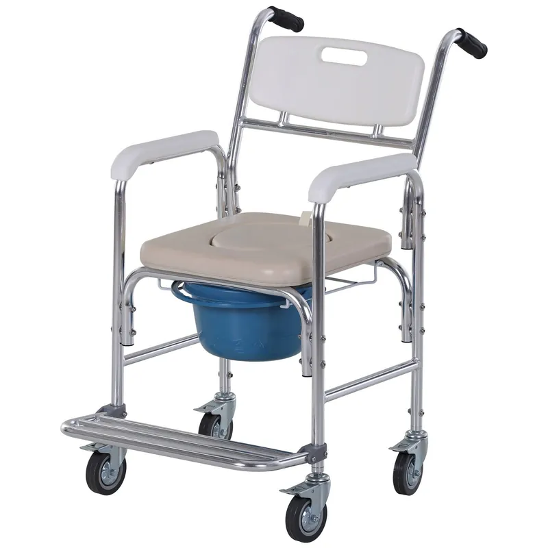 Easycomfort Sedia a Rotelle Impermeabile con WC Seduta in Ecopelle, 4 Ruote, Vaso Rimovibile per Anziani\\/Disabili, 84x54x96cm