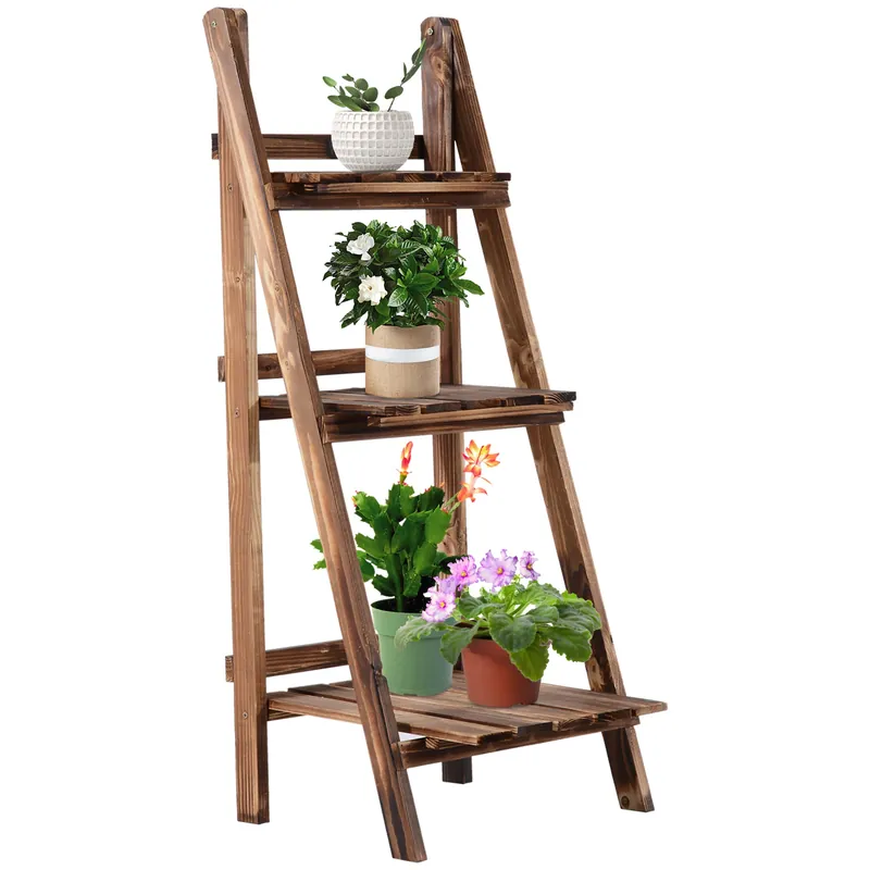 Easycomfort Portapiante Pieghevole Portavasi in Legno di Abete con 3 Livelli Scaffale da Esterno per Piante Portafiori 40x37x93cm