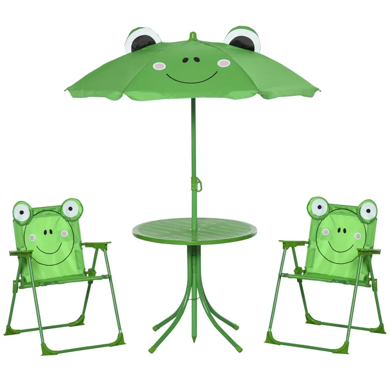 Easycomfort Set Tavolo da Giardino con 2 Sedie Pieghevoli, Tavolino con Sedie da Esterno con Ombrellone per Bambini in Metallo e Poliestere, Verde
