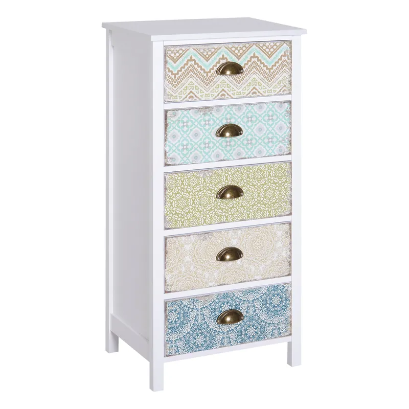 Easycomfort Cassettiera Mobiletto Vintage con 5 Cassetti Stile Shabby Bagno, Ingresso, Camera 46 × 34 × 97.5cm Bianco
