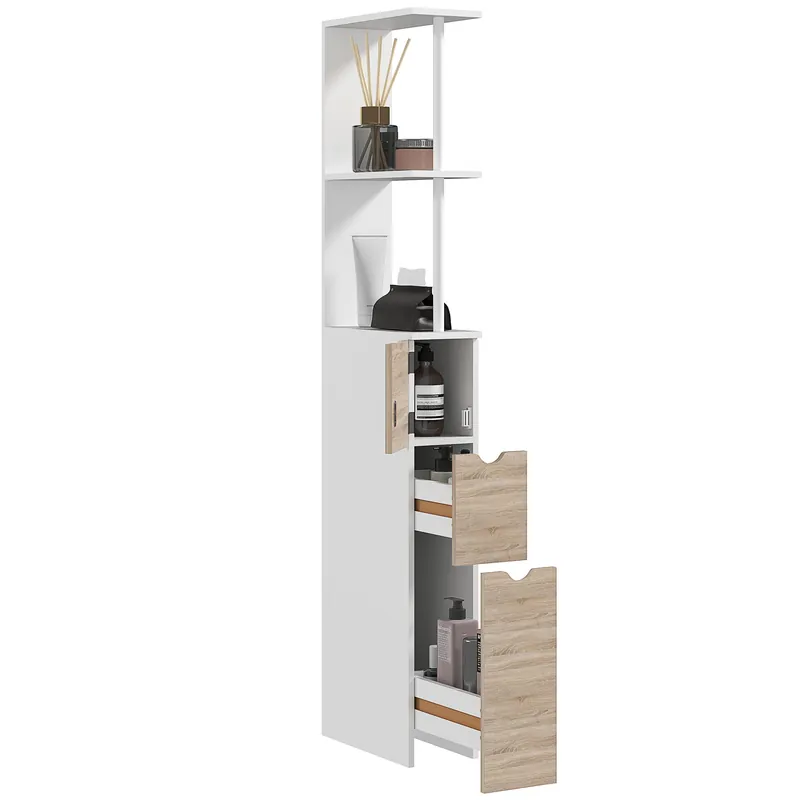 EasyComfort Mobile Colonna Bagno Salvaspazio con Armadietto, Mobiletto Moderno con Ripiani e Cassetti, in MDF, 15x33x136 cm, Colore Legno