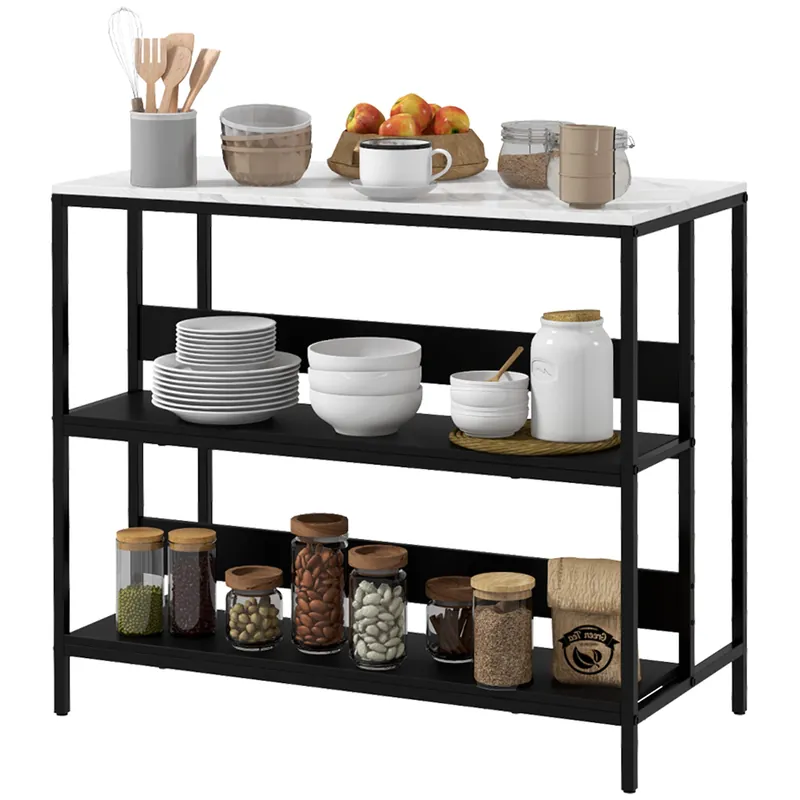 EasyComfort Isola da Cucina con Mensole, Piano Effetto Marmo e Struttura in Metallo, 100x50x90cm, Nero e Bianco