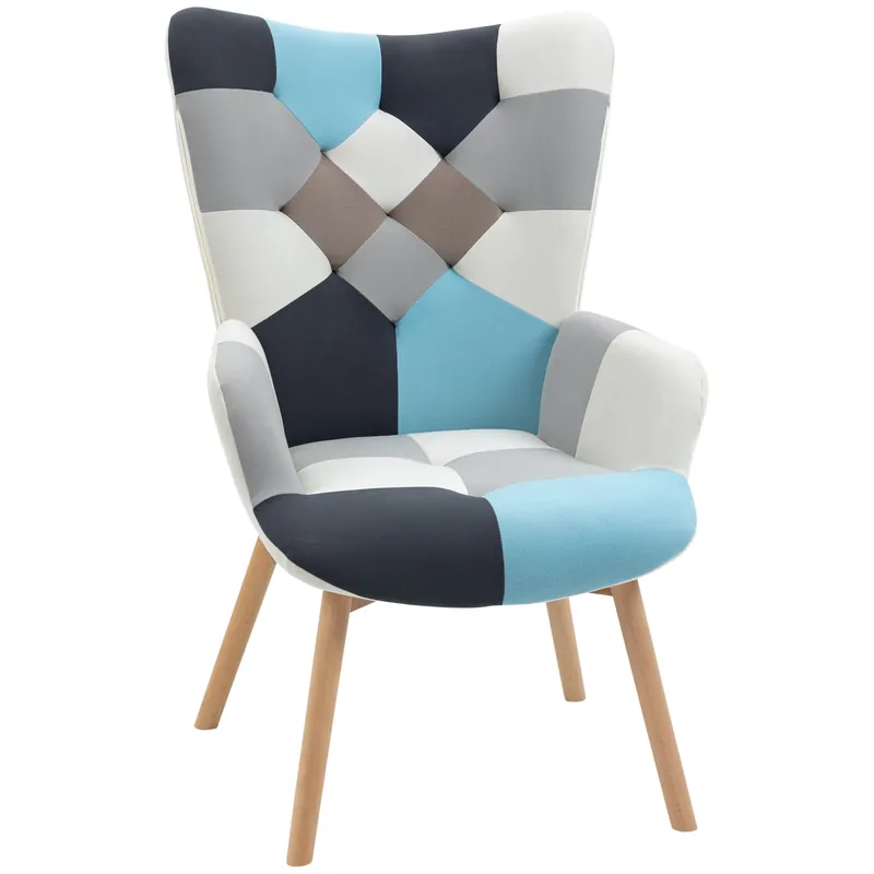 EasyComfort Poltroncina da Camera in Velluto Trapuntato e Gambe in Legno, 66x76x98cm, Multicolore