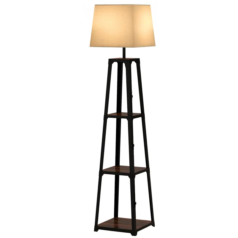EASYCOMFORT Lampada da Terra in Metallo e MDF a 3 Ripiani con Paralume in Tessuto, Ø42x166 cm, Nero e Beige