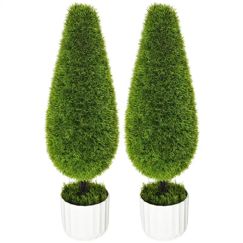 Easycomfort Set 2 Piante Finte di Cipresso con Vasi Ø12x16 cm, Muschio e Cemento, in PE e Plastica, Verde e Bianco