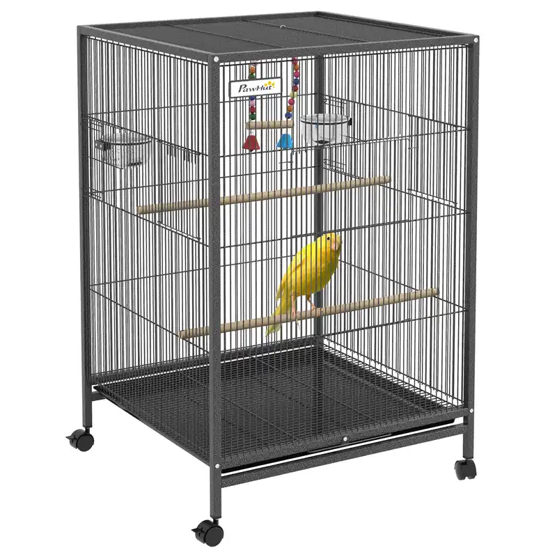 Easycomfort Gabbia per Uccelli in Acciaio e PP con 5 Porte, 2 Posatoi e Vassoio Estraibile, 48x46x74 cm, Grigio