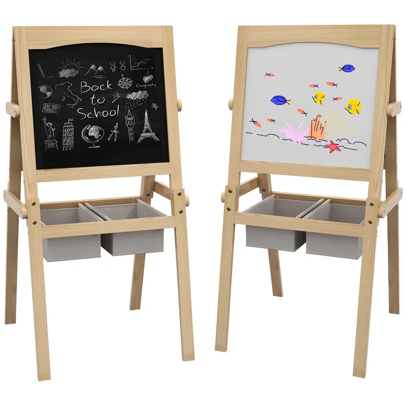 Easycomfort Lavagna per Bambini con Cavalletto 3 in 1 e Cestini, Età 3-6 anni, 58x50.5x109cm, Color legno