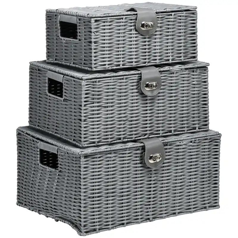 Easycomfort Set di 3 Cesti in Vimini PP con Coperchio di Diverse Dimensioni, Grigio