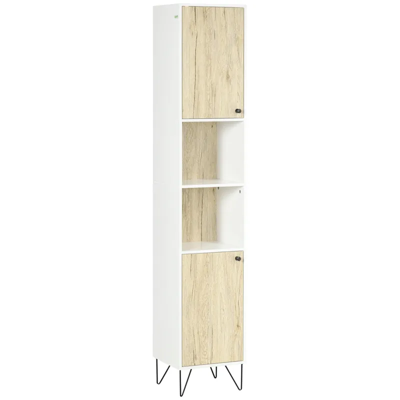 EASYCOMFORT Colonna Bagno con 2 Ripiani Aperti e 2 Armadietti in Truciolato, 30x31.5x169 cm, Bianco e color Legno