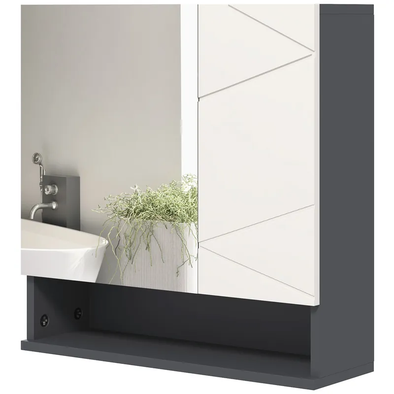 Easycomfort Armadietto con Specchiera Bagno a 2 Ante e Mensole Regolabili in Legno, 55x17x55cm, Grigio
