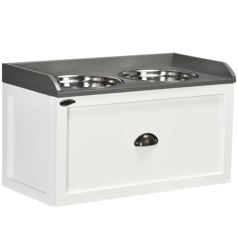 Easycomfort Ciotole per Cani Rialzate in Acciaio Inox e Legno con Cassetto, 60x30x36cm, Bianco e Grigio
