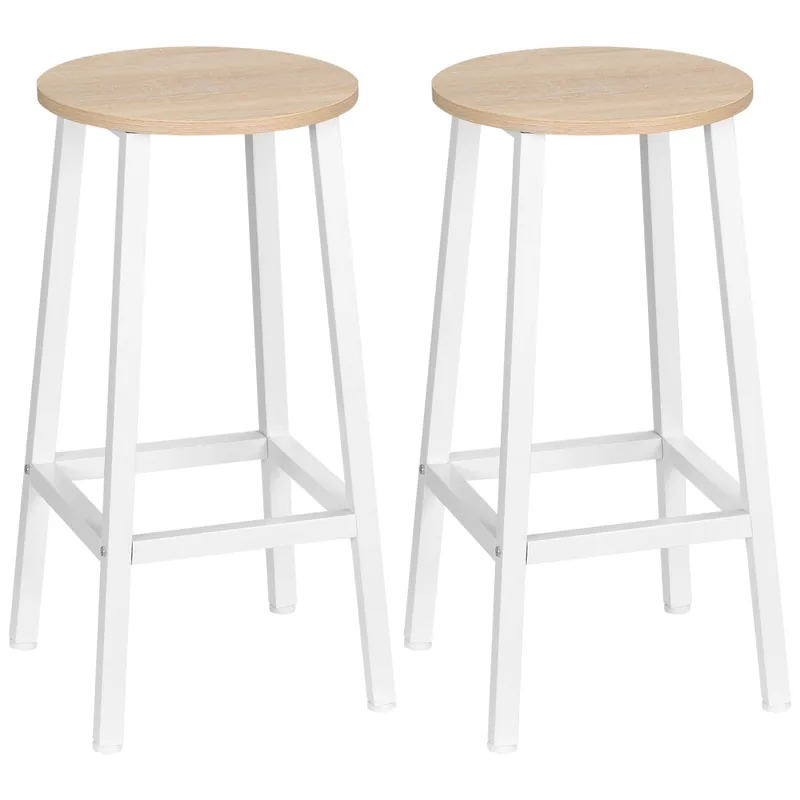 Easycomfort Set 2 Sgabelli da Cucina in Truciolato e Acciaio con Piano Liscio e Poggiapiedi, 32.5x32.5x65 cm, Bianco e Legno