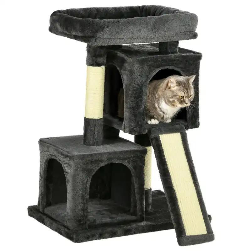 Easycomfort Albero Tiragraffi per Gatti con Pali in Sisal, Lettino e 2 Casette, 59x39x83cm, Grigio Scuro